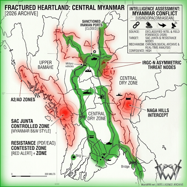 the internal collapse of central Myanmar, including the splintered control zones between the SAC Junta and Resistance forces.