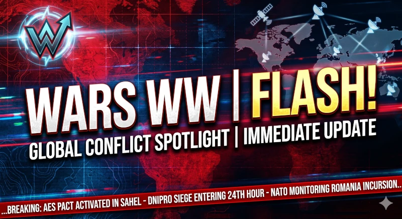 A tactical red and blue graphic template for 'WARS WW | FLASH!' breaking news updates, featuring an upward-arrow icon and a ticker bar summarizing current global conflict spotlights