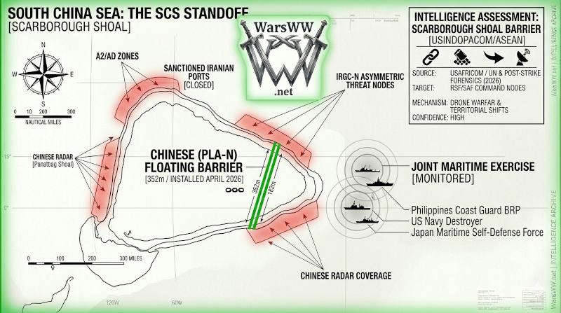 The 352-meter barrier at Scarborough Shoal (April 2026) instantly visible to the Grey Zone maritime war.