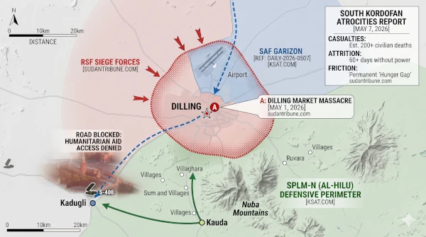 Tactical map of the 2026 Dilling siege in South Kordofan, Sudan, showing overlapping military zones of the Sudanese Armed Forces (SAF), Rapid Support Forces (RSF), and SPLM-N (Al-Hilu). Data overlays highlight the Dilling market massacre site, humanitarian road blockades, and the Nuba Mountains defensive perimeter as of May 7, 2026.
