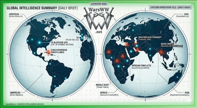 WarsWW Daily Brief image. Two globes with both pointing to conflict areas of the planet.