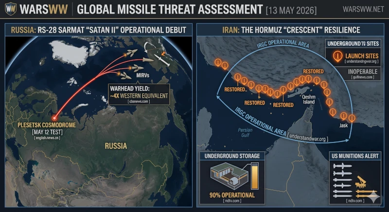 Analytical infographic brief mapping the global missile threat on May 13, 2026. Left panel diagrams the RS-28 Sarmat ICBM test launch from Plesetsk. Right panel maps Iran’s 30 restored coastal launch sites and the 90% operational status of its underground bunkers