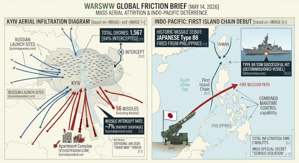 "Infographic showing the 1,567 drone swarm flight paths over Kyiv and the historic Japanese Type 88 missile launch from Philippine soil, May 14, 2026.