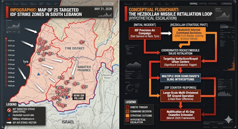 Infographic mapping the 25 targeted IDF strike zones across Tyre, Nabatieh, and Kfar Sir alongside a conceptual flowchart of the Hezbollah missile retaliation loop, May 21, 2026.