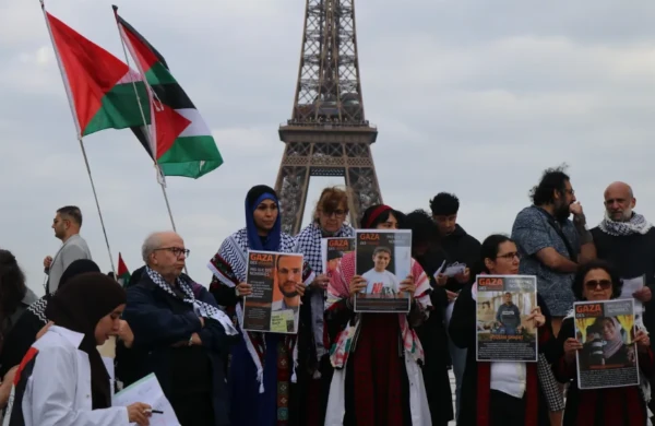 Massive Palestinian flag displayed at the Eiffel Tower during the 78th Nakba anniversary protests in Paris, May 17, 2026