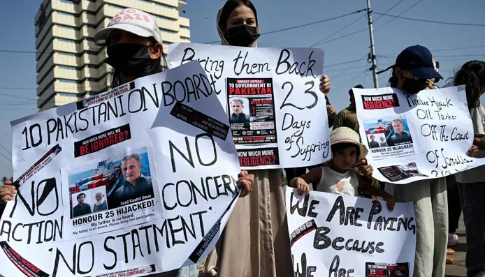 families of hijacked Pakistani sailors protesting for their rescue in Karachi