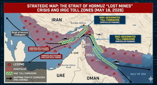 The three narrow, blue and yellow striped lanes show the only routes the IRGC now considers "cleared," forcing all commercial traffic into direct surveillance zones